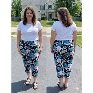 Mlle Gabrielle Floral Crop Pants Women's 1X Blue Black White Cotton Spandex